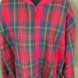 Vintage Wool Full Zip Red Plaid Jacket With Pockets 80’s Large Christmas